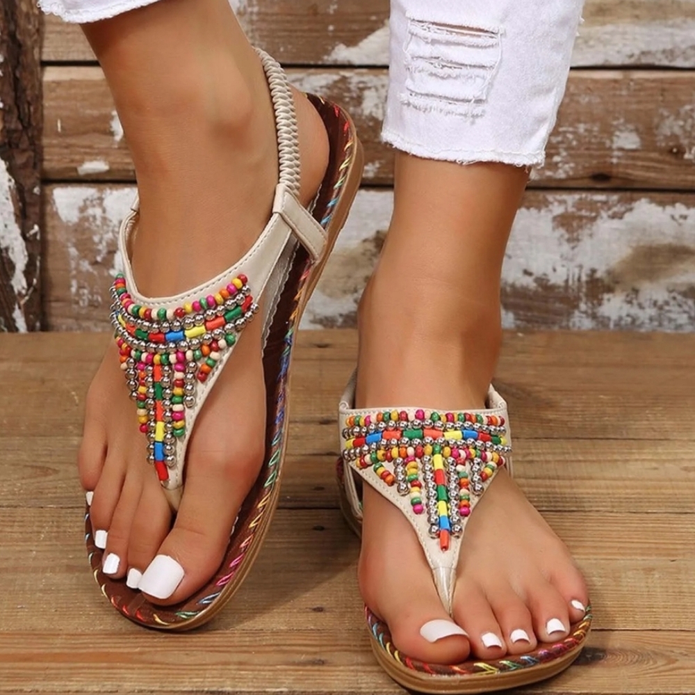 Boho Casual Plus Size Beaded Round Toe Flat Thong Sandals New